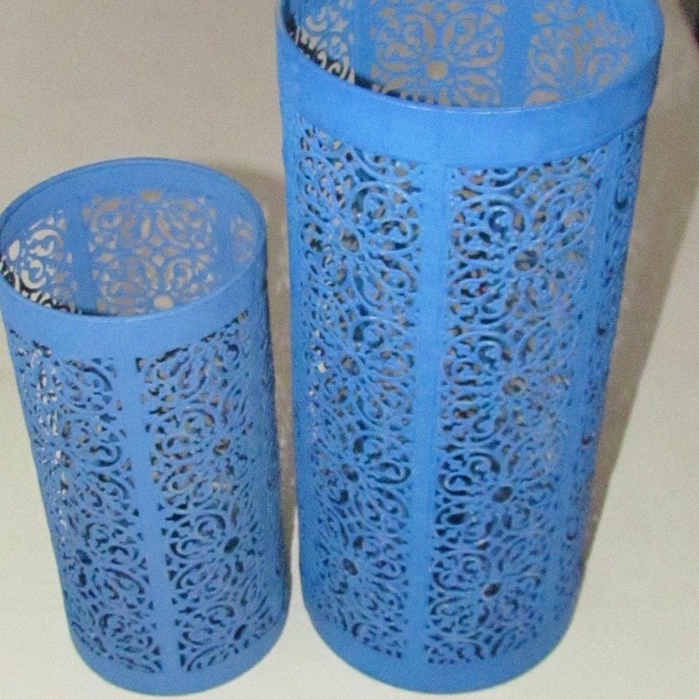 Two Metal Blue Vases, approx. 5"Wx10"H and has candleholder plus open 6"Wx15"H